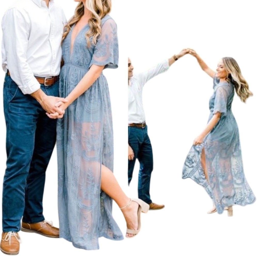Honey Punch Mila Dusty Blue Lace Romper Maxi Dress | Size Medium - Picture 4 of 15